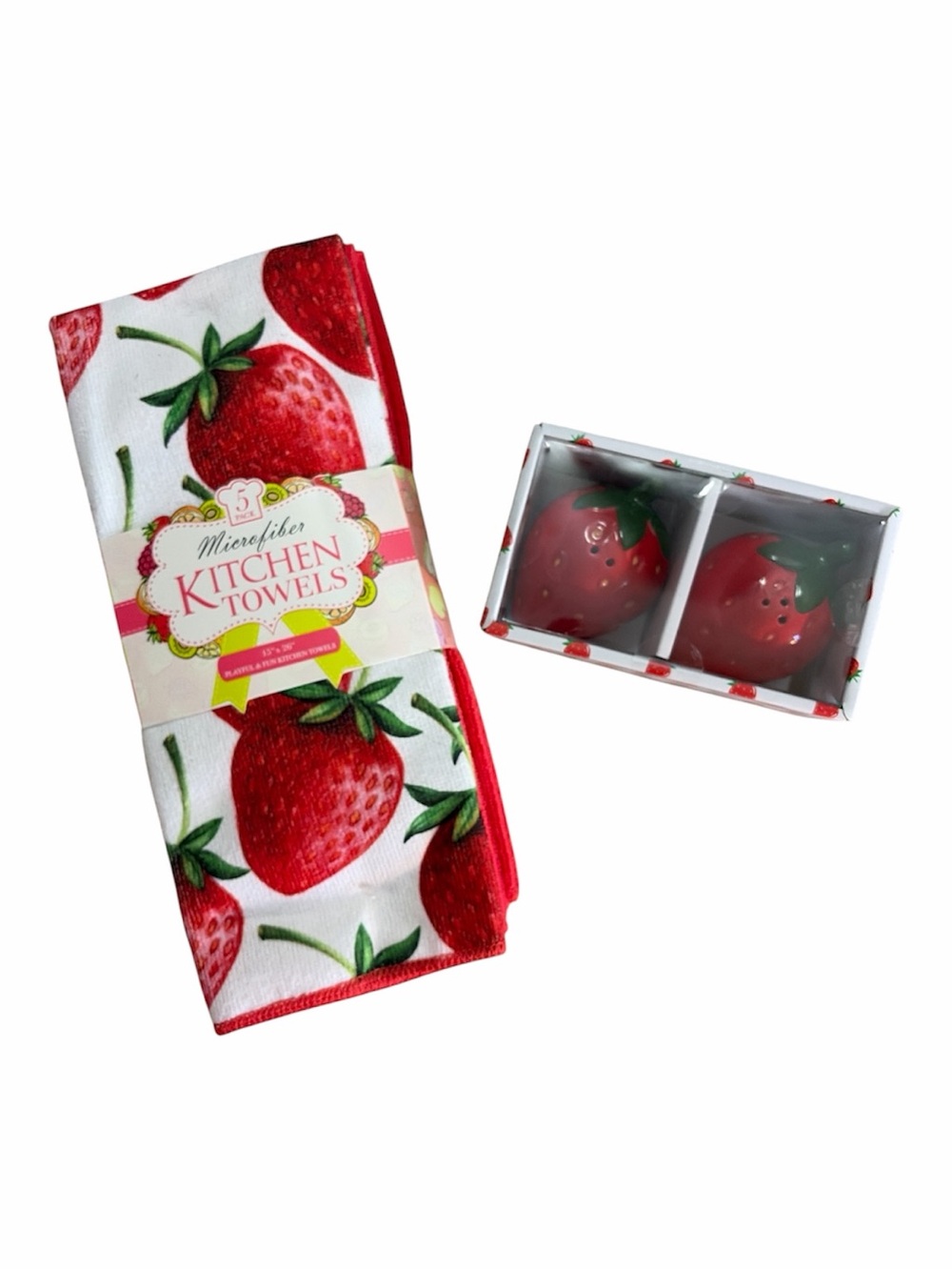 Strawberry Print Kitchen Towels with Matching Salt & Pepper Shakers NWT